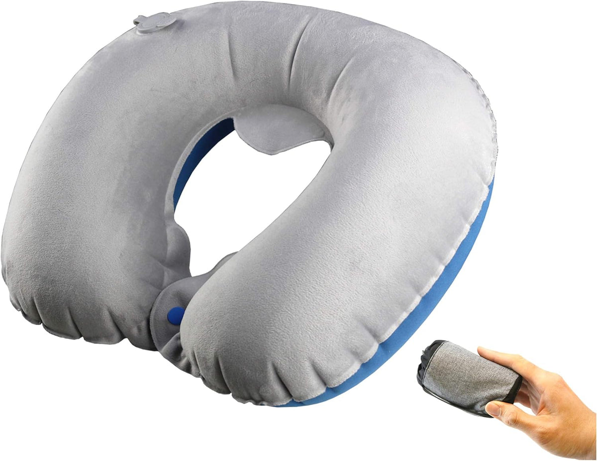 Inflatable Neck Pillow for Travel – Compact Ultralight Air Pillow with Button Inflation & Quick Deflate – Dual-Fabric Neck Support Cushion for Airplane, Car, Train, Bus