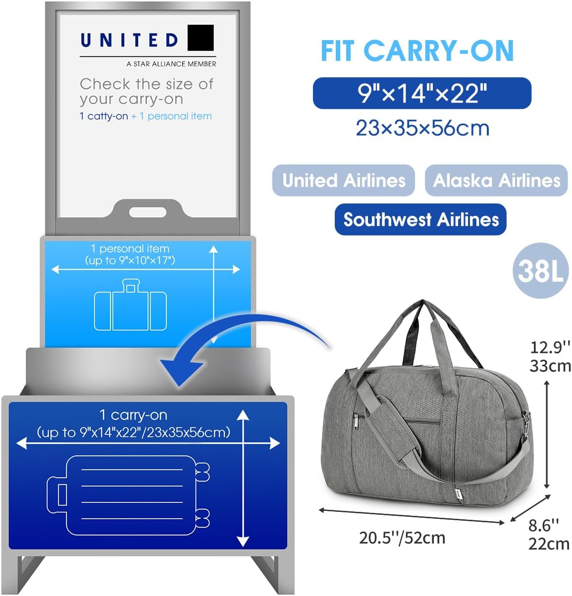 Carry on Duffle Bag Underseat for Airplane, Personal Item Travel Bag
