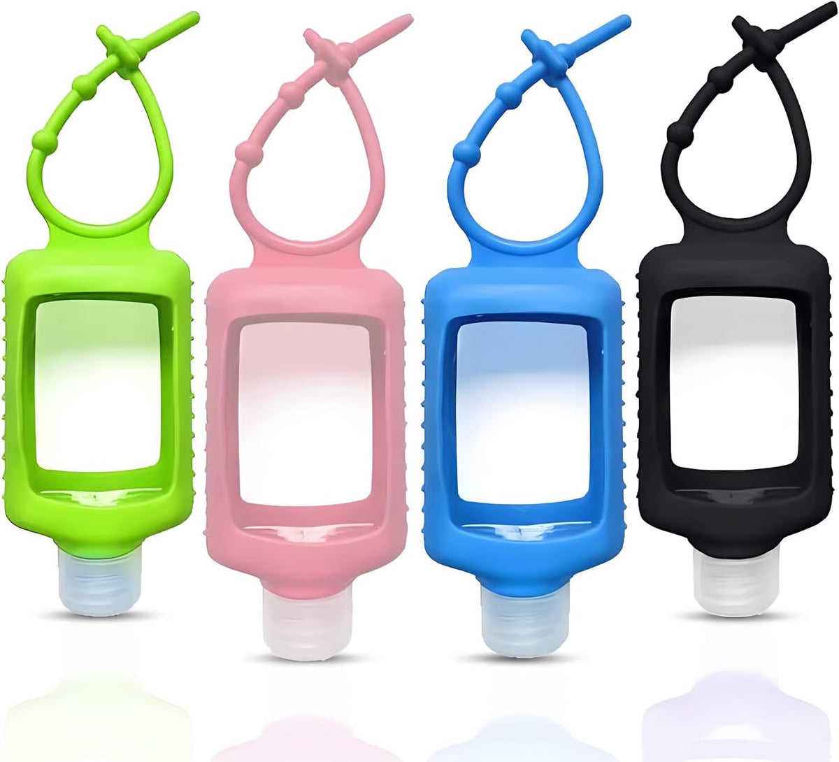 4 Pack Travel Size Plastic Clear Bottles w/Silicone Sleeve Refillable Empty Squeeze Containers Leakproof Flip Cap Keychain Bottles Hand Sanitizer Holder for Backpack Travel Outdoor (60ml/2oz)