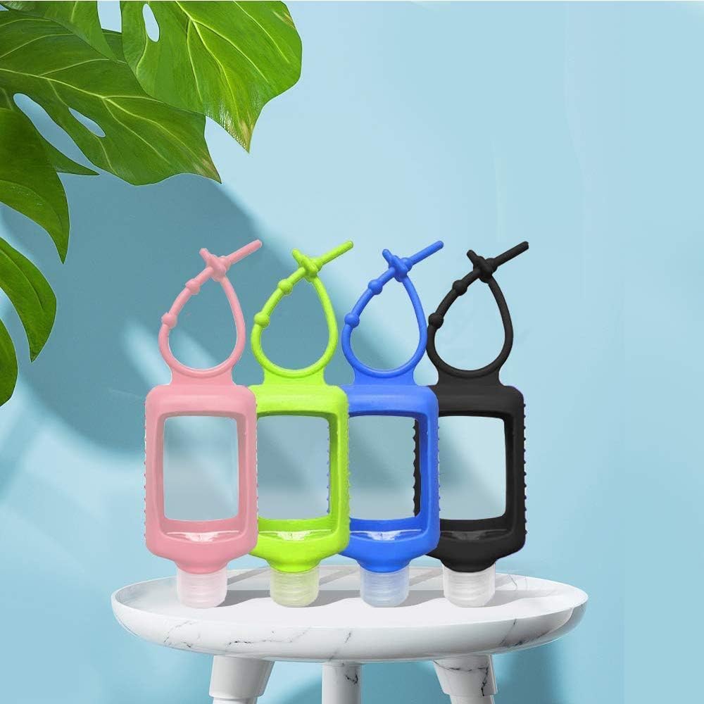 4 Pack Travel Size Plastic Clear Bottles w/Silicone Sleeve Refillable Empty Squeeze Containers Leakproof Flip Cap Keychain Bottles Hand Sanitizer Holder for Backpack Travel Outdoor (60ml/2oz)