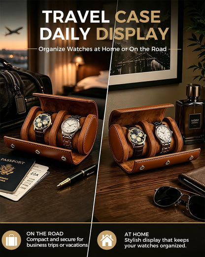 Watch Travel Case for Men: Watch Roll Box 2-Slot with Removable Pillows