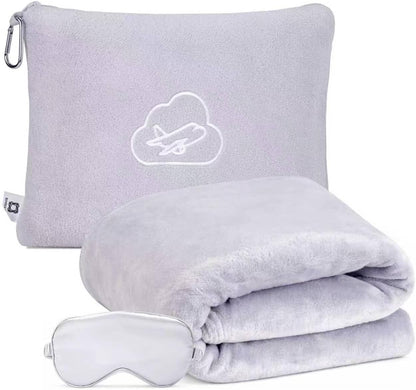 Travel Blanket Pillow,Airplane Blanket Compact with Bag Eye Mask, Ultra-Soft,Warm & Lightweight Included,Travel Essentials for Women & Men, Luggage Sleeve & Backpack Clip 65x40 in, Grey