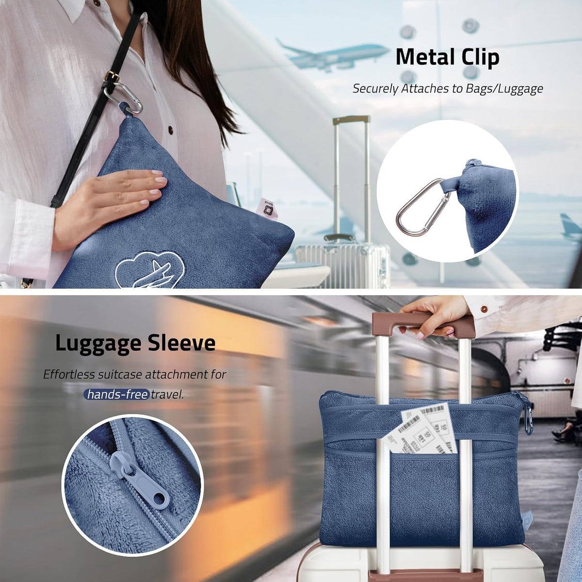 Travel Blanket Pillow,Airplane Blanket Compact with Bag Eye Mask, Ultra-Soft,Warm & Lightweight Included,Travel Essentials for Women & Men, Luggage Sleeve & Backpack Clip 65x40 in, Grey