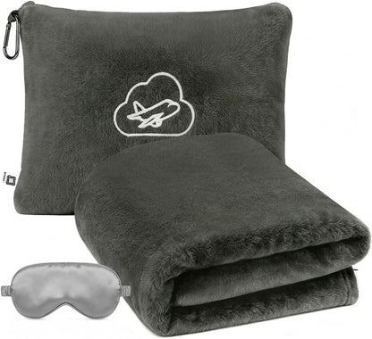 Travel Blanket Pillow,Airplane Blanket Compact with Bag Eye Mask, Ultra-Soft,Warm & Lightweight Included,Travel Essentials for Women & Men, Luggage Sleeve & Backpack Clip 65x40 in, Grey