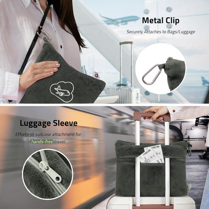 Travel Blanket Pillow,Airplane Blanket Compact with Bag Eye Mask, Ultra-Soft,Warm & Lightweight Included,Travel Essentials for Women & Men, Luggage Sleeve & Backpack Clip 65x40 in, Grey