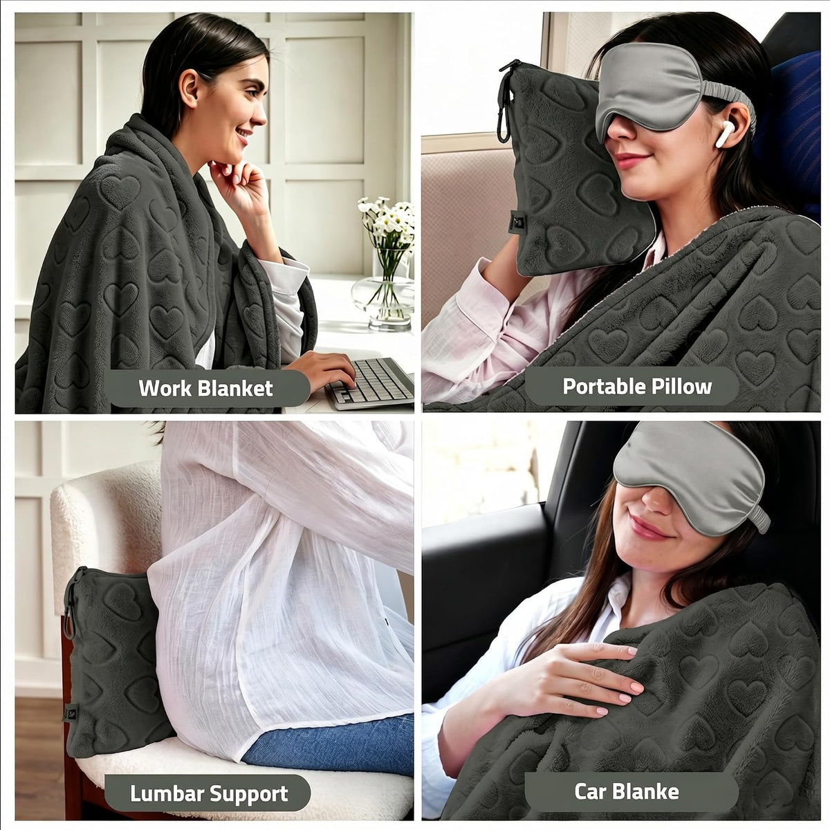Travel Blanket Pillow,Airplane Blanket Compact with Bag Eye Mask, Ultra-Soft,Warm & Lightweight Included,Travel Essentials for Women & Men, Luggage Sleeve & Backpack Clip 65x40 in, Grey