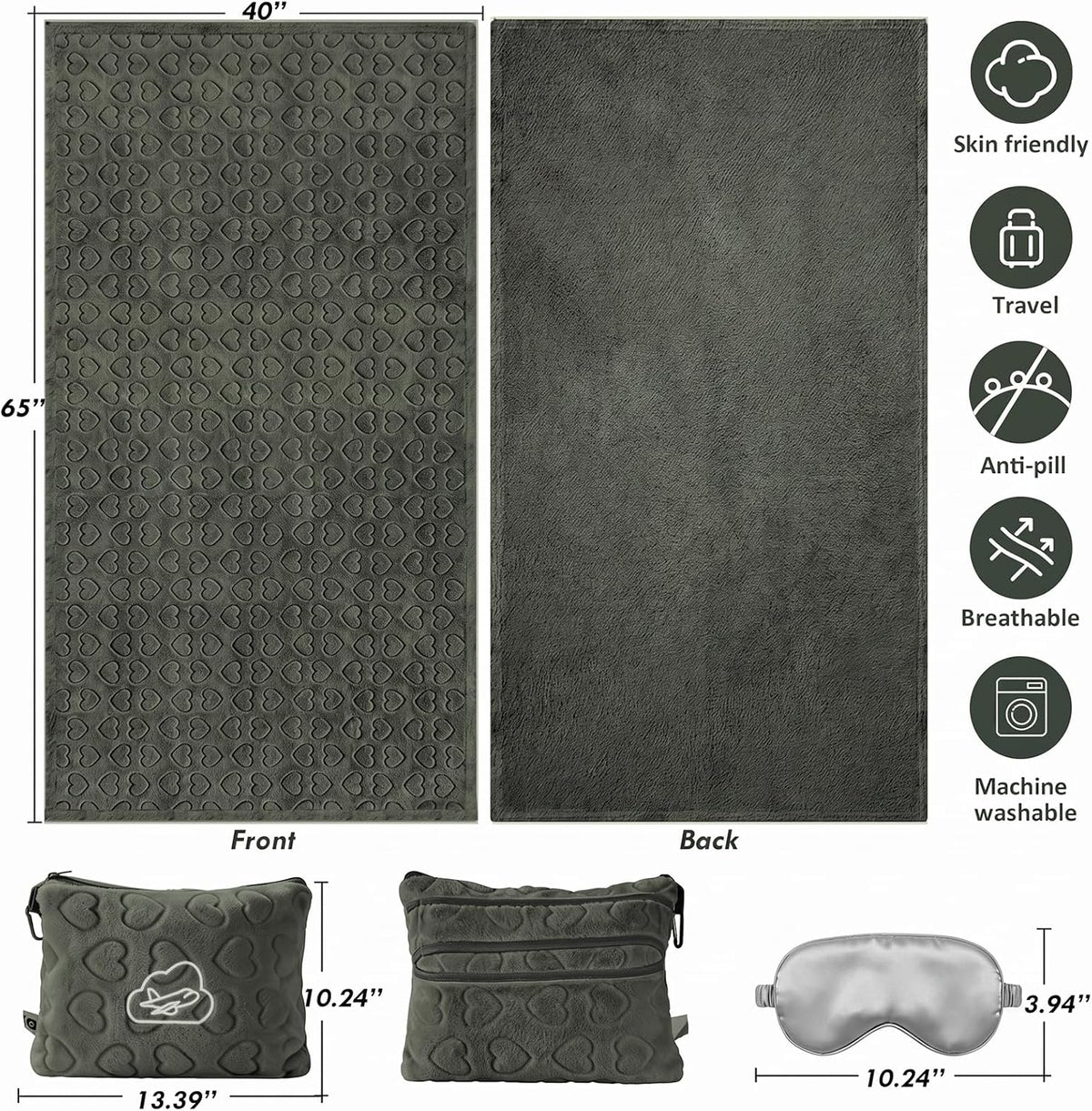 Travel Blanket Pillow,Airplane Blanket Compact with Bag Eye Mask, Ultra-Soft,Warm & Lightweight Included,Travel Essentials for Women & Men, Luggage Sleeve & Backpack Clip 65x40 in, Grey