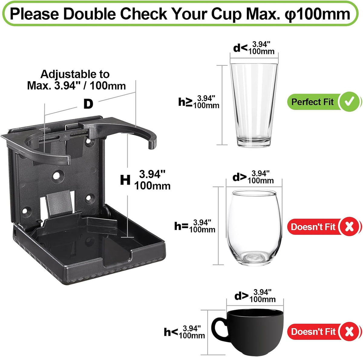 2pcs Boat Cup Holder 2.36''-3.94'' (60-100mm) Plastic Foldable