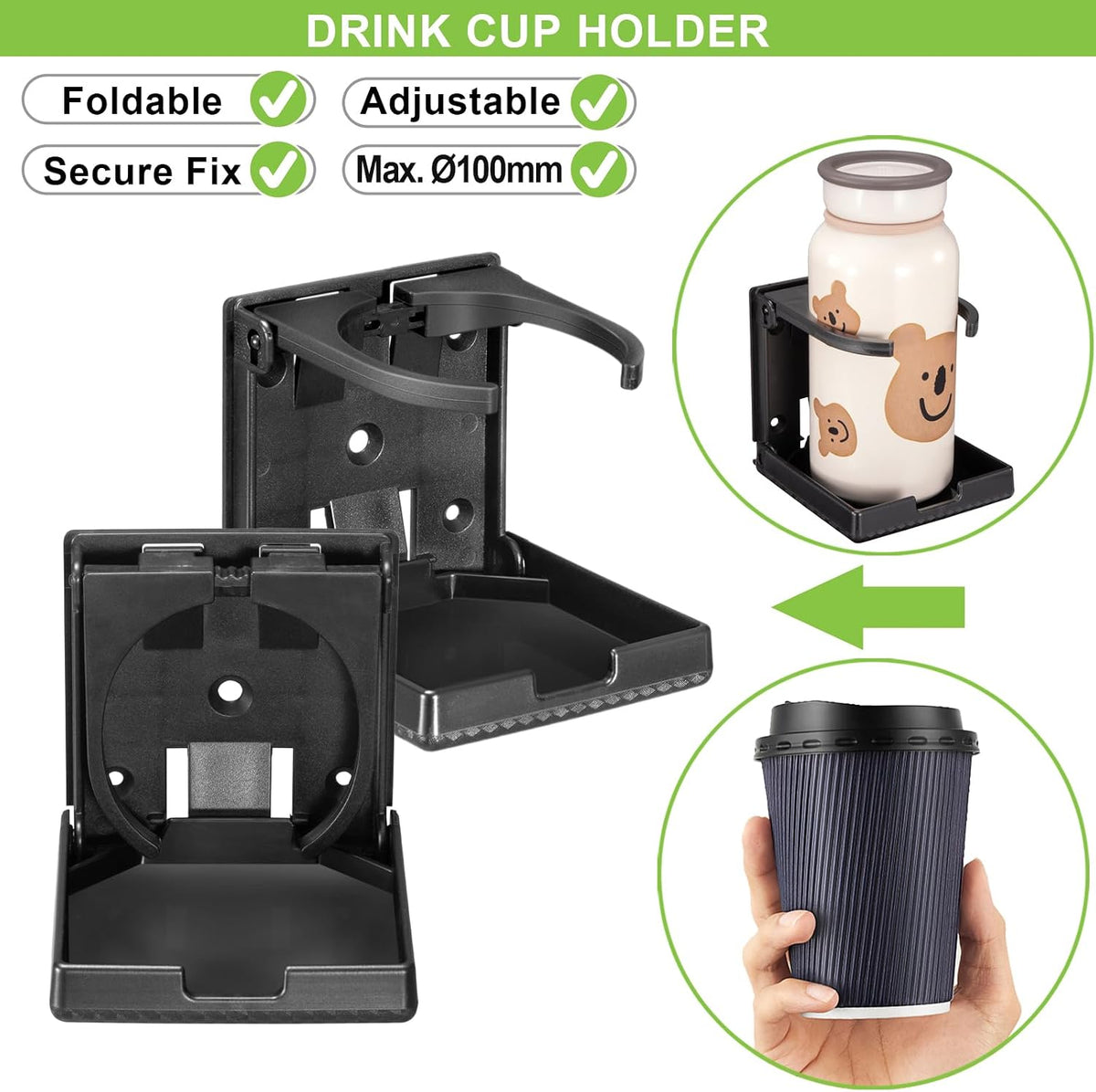2pcs Boat Cup Holder 2.36''-3.94'' (60-100mm) Plastic Foldable