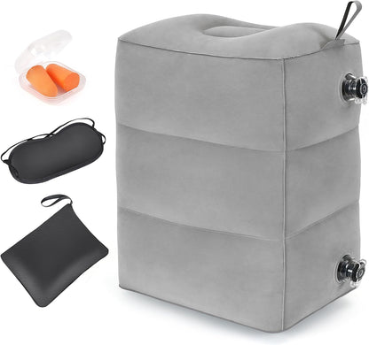 Inflatable Travel Foot Rest Pillow, Adjustable 3 Layers Height Leg Rest Pillow, Kids Airplane Bed, Adults Travel Essentials on Plane, Trains, Cars, Office, Home (Grey)