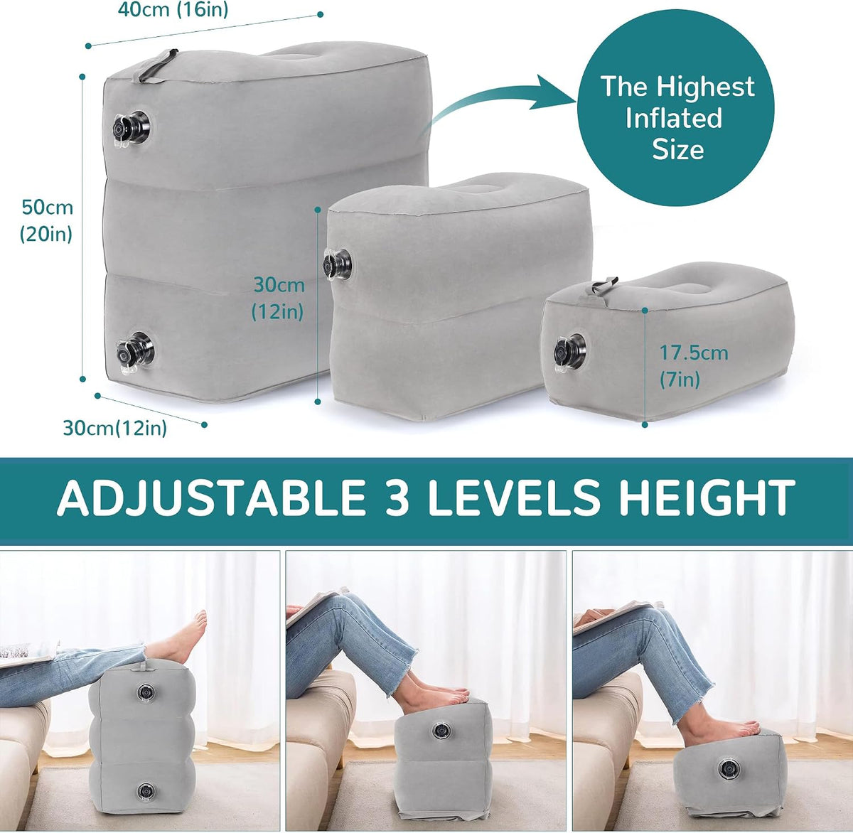 Inflatable Travel Foot Rest Pillow, Adjustable 3 Layers Height Leg Rest Pillow, Kids Airplane Bed, Adults Travel Essentials on Plane, Trains, Cars, Office, Home (Grey)