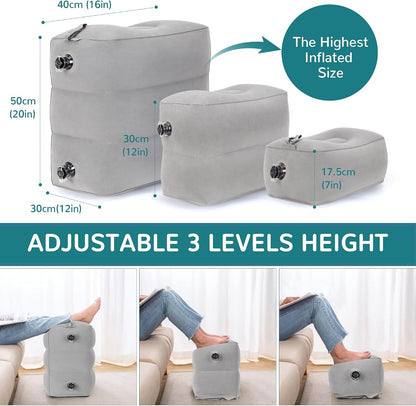 Inflatable Travel Foot Rest Pillow, Adjustable 3 Layers Height Leg Rest Pillow, Kids Airplane Bed, Adults Travel Essentials on Plane, Trains, Cars, Office, Home (Grey)