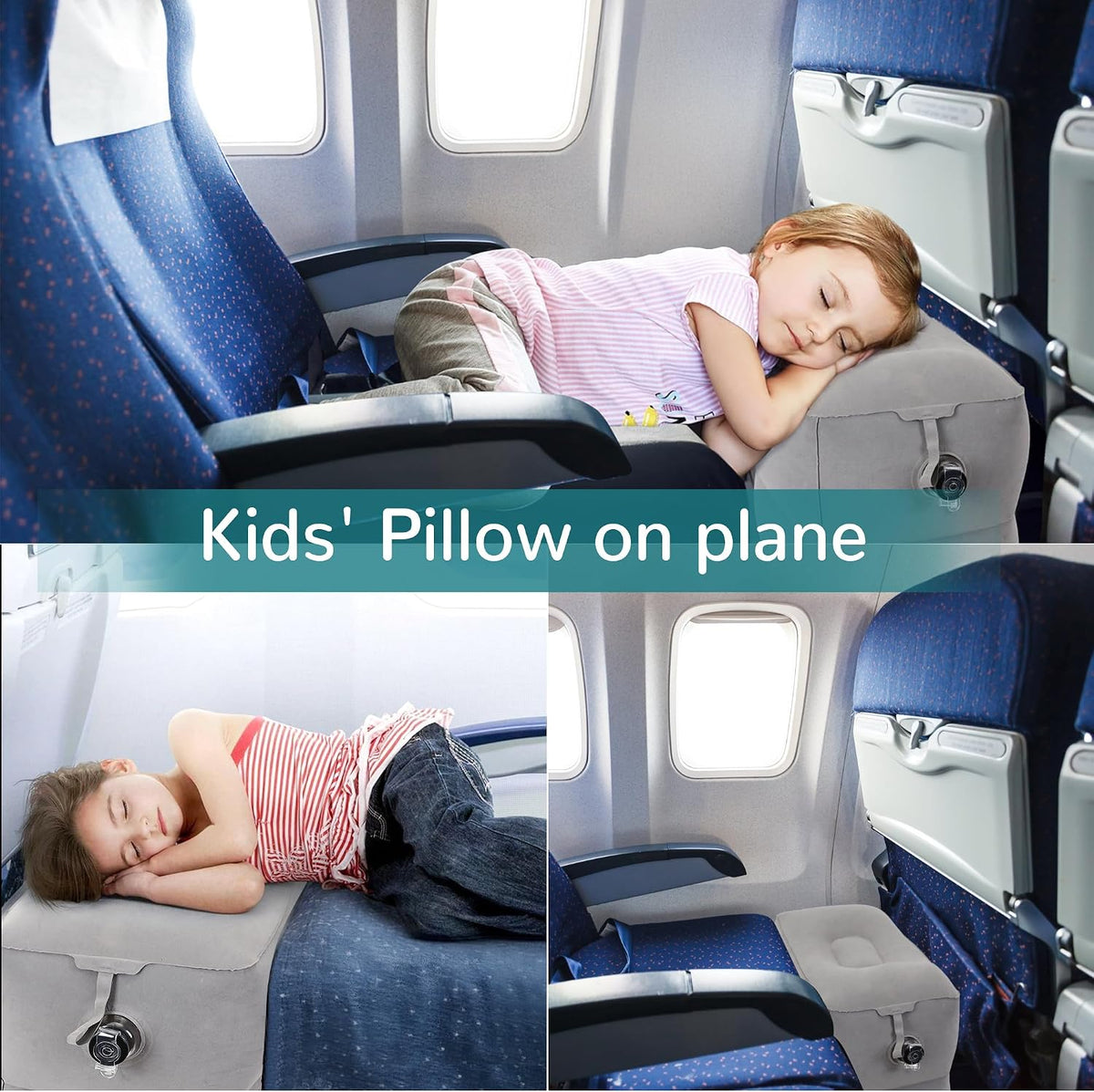 Inflatable Travel Foot Rest Pillow, Adjustable 3 Layers Height Leg Rest Pillow, Kids Airplane Bed, Adults Travel Essentials on Plane, Trains, Cars, Office, Home (Grey)