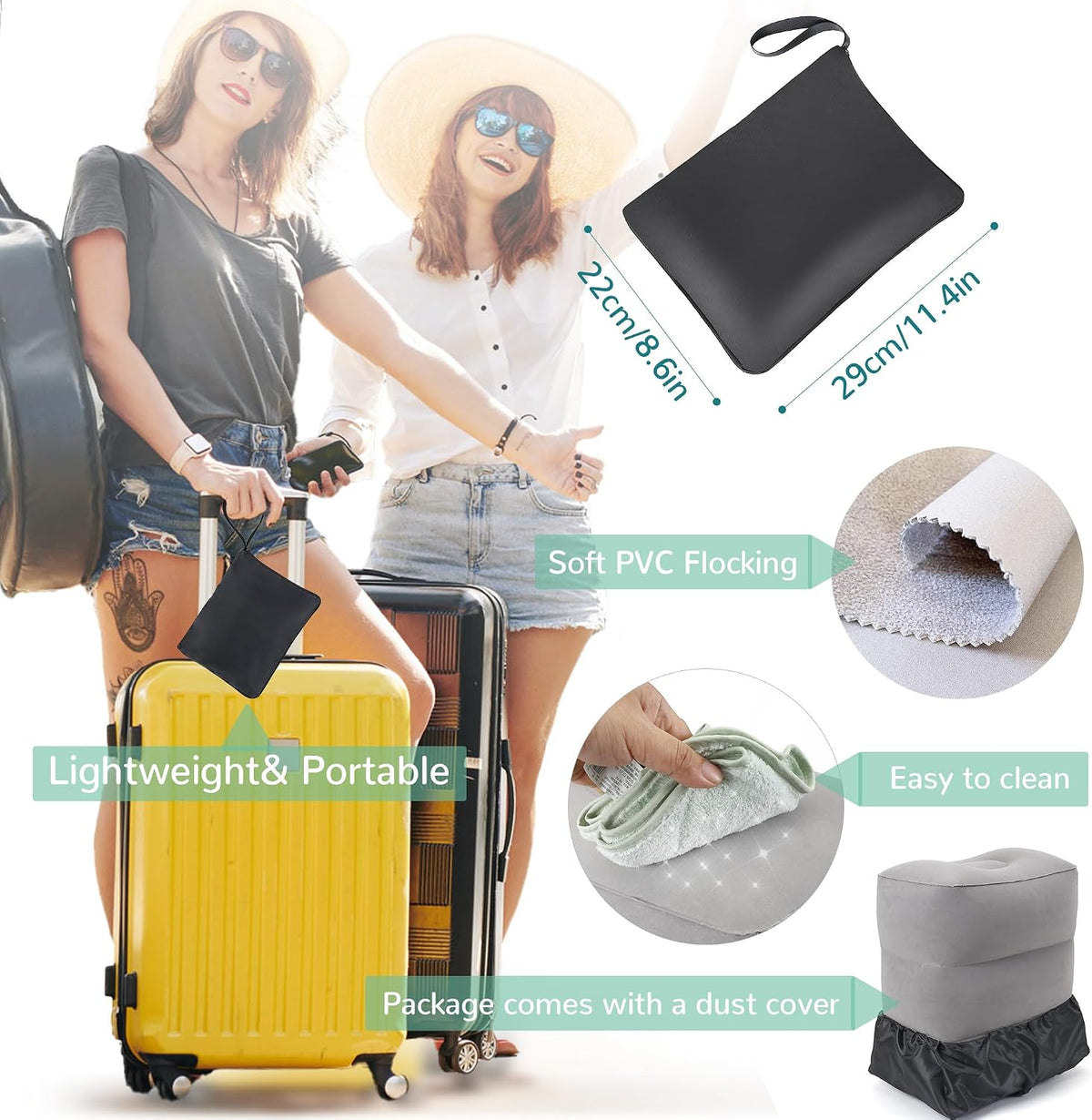 Inflatable Travel Foot Rest Pillow, Adjustable 3 Layers Height Leg Rest Pillow, Kids Airplane Bed, Adults Travel Essentials on Plane, Trains, Cars, Office, Home (Grey)