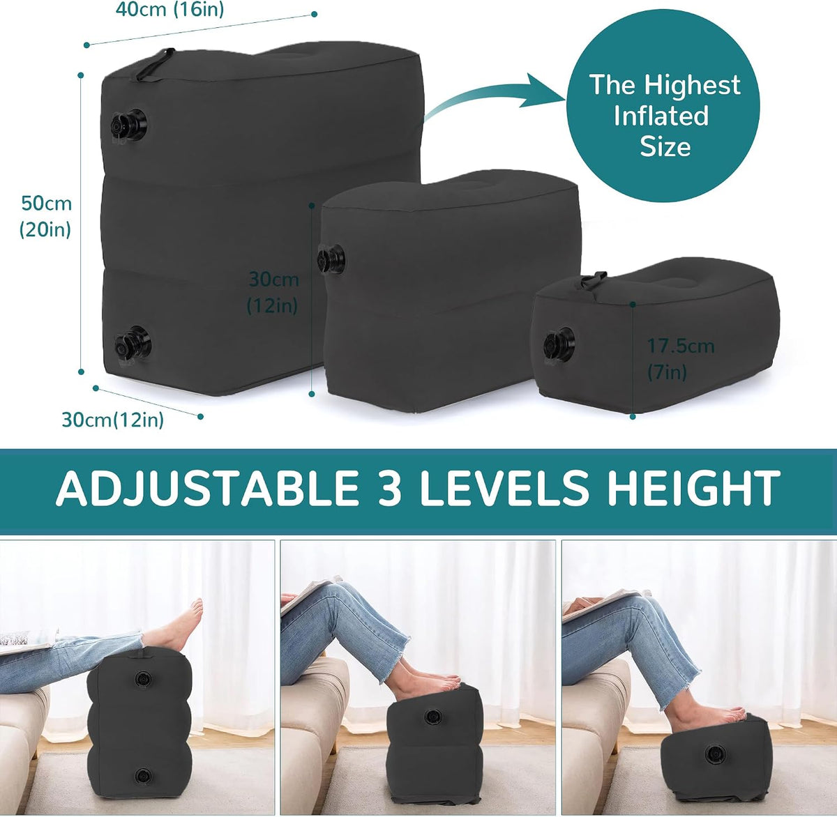 Inflatable Travel Foot Rest Pillow, Adjustable 3 Layers Height Leg Rest Pillow, Kids Airplane Bed, Adults Travel Essentials on Plane, Trains, Cars, Office, Home (Grey)