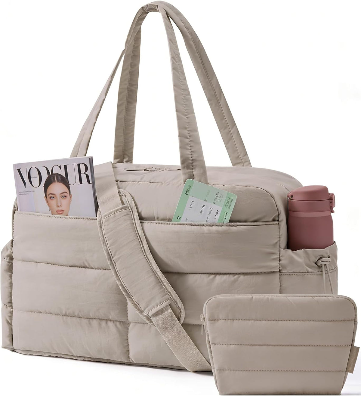 Gym Bag for Women, 2-PC Puffer Travel Duffle Bag Carry On Tote Bag