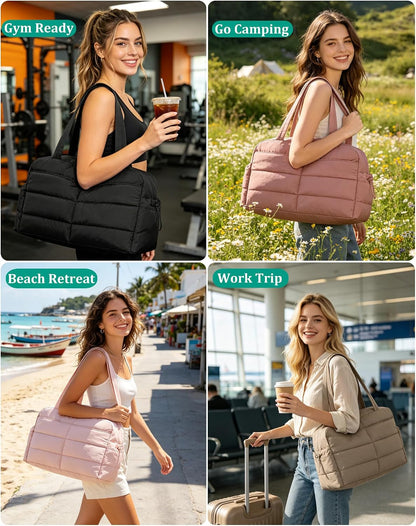 Gym Bag for Women, 2-PC Puffer Travel Duffle Bag Carry On Tote Bag