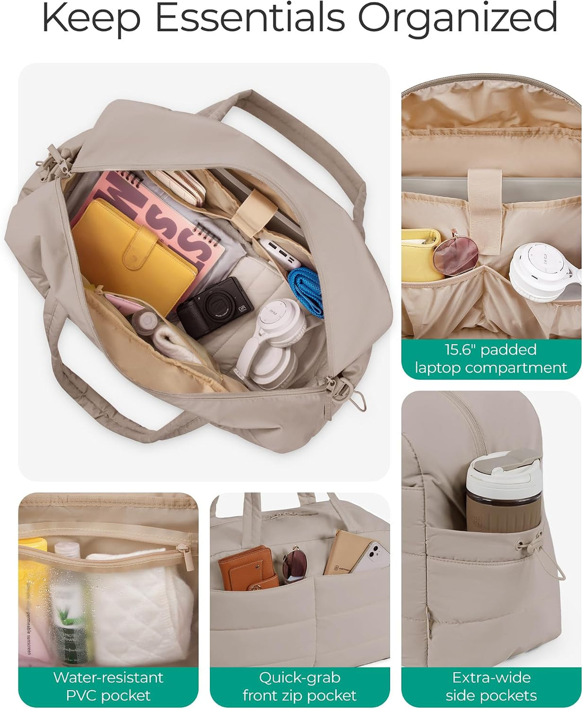 Gym Bag for Women, 2-PC Puffer Travel Duffle Bag Carry On Tote Bag