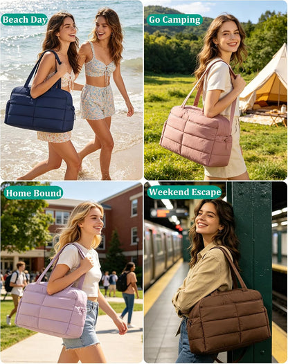 Gym Bag for Women, 2-PC Puffer Travel Duffle Bag Carry On Tote Bag
