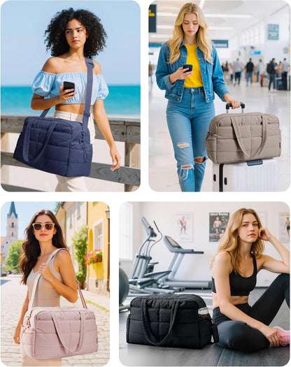 Gym Bag for Women, 2-PC Puffer Travel Duffle Bag Carry On Tote Bag