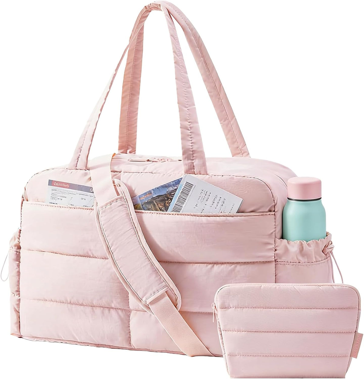 Gym Bag for Women, 2-PC Puffer Travel Duffle Bag Carry On Tote Bag