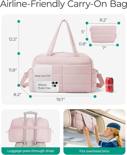 Gym Bag for Women, 2-PC Puffer Travel Duffle Bag Carry On Tote Bag