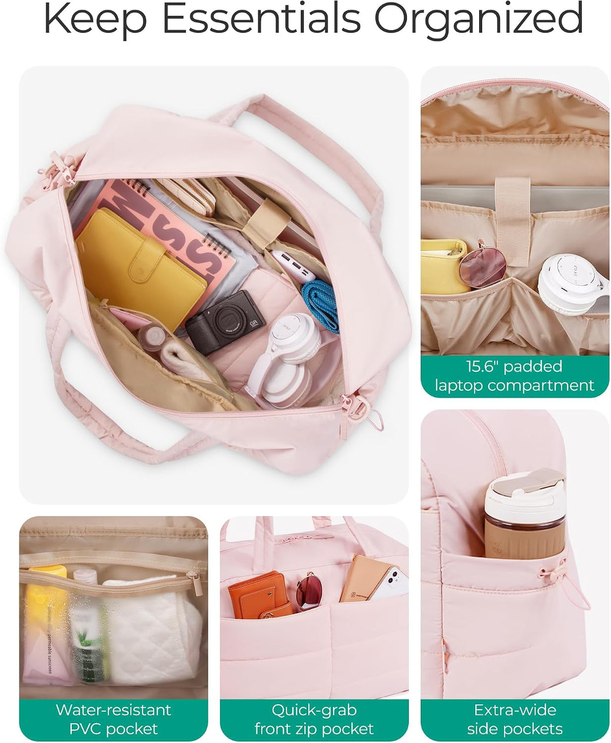 Gym Bag for Women, 2-PC Puffer Travel Duffle Bag Carry On Tote Bag