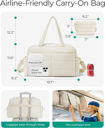 Gym Bag for Women, 2-PC Puffer Travel Duffle Bag Carry On Tote Bag