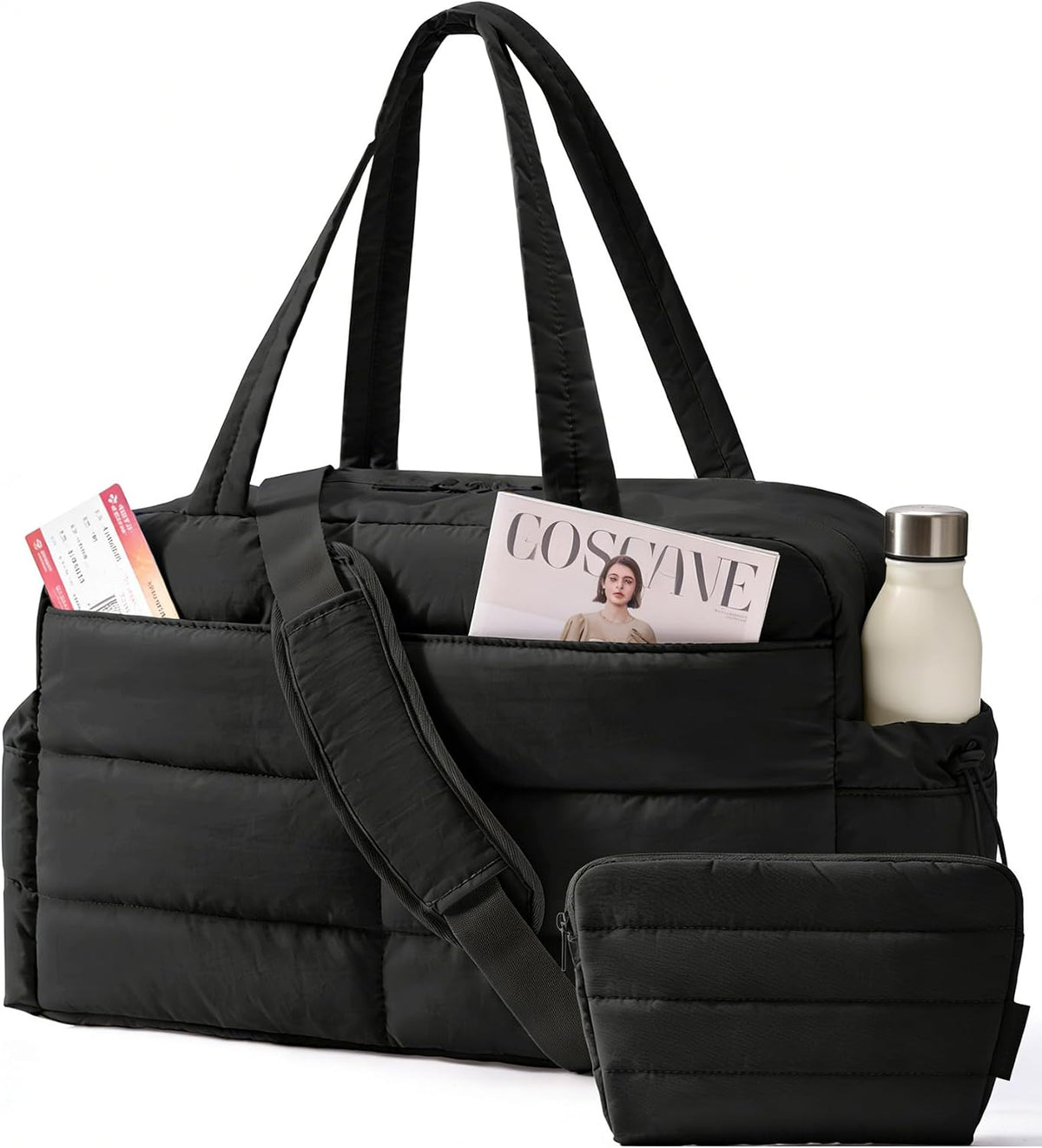 Gym Bag for Women, 2-PC Puffer Travel Duffle Bag Carry On Tote Bag