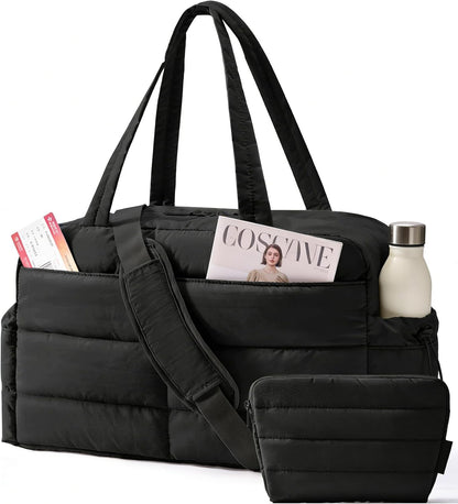 Gym Bag for Women, 2-PC Puffer Travel Duffle Bag Carry On Tote Bag