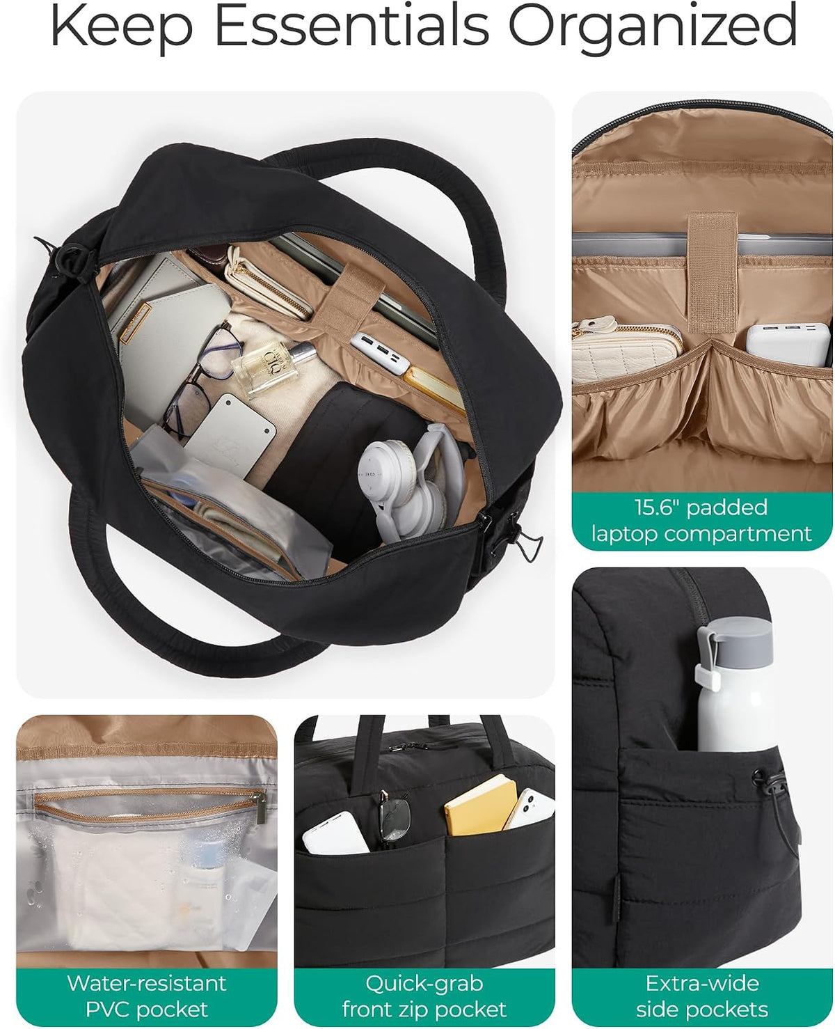 Gym Bag for Women, 2-PC Puffer Travel Duffle Bag Carry On Tote Bag