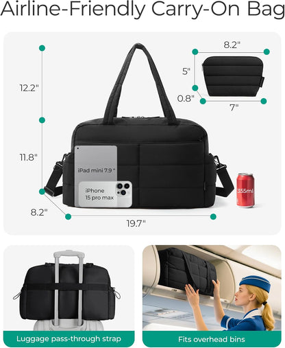 Gym Bag for Women, 2-PC Puffer Travel Duffle Bag Carry On Tote Bag