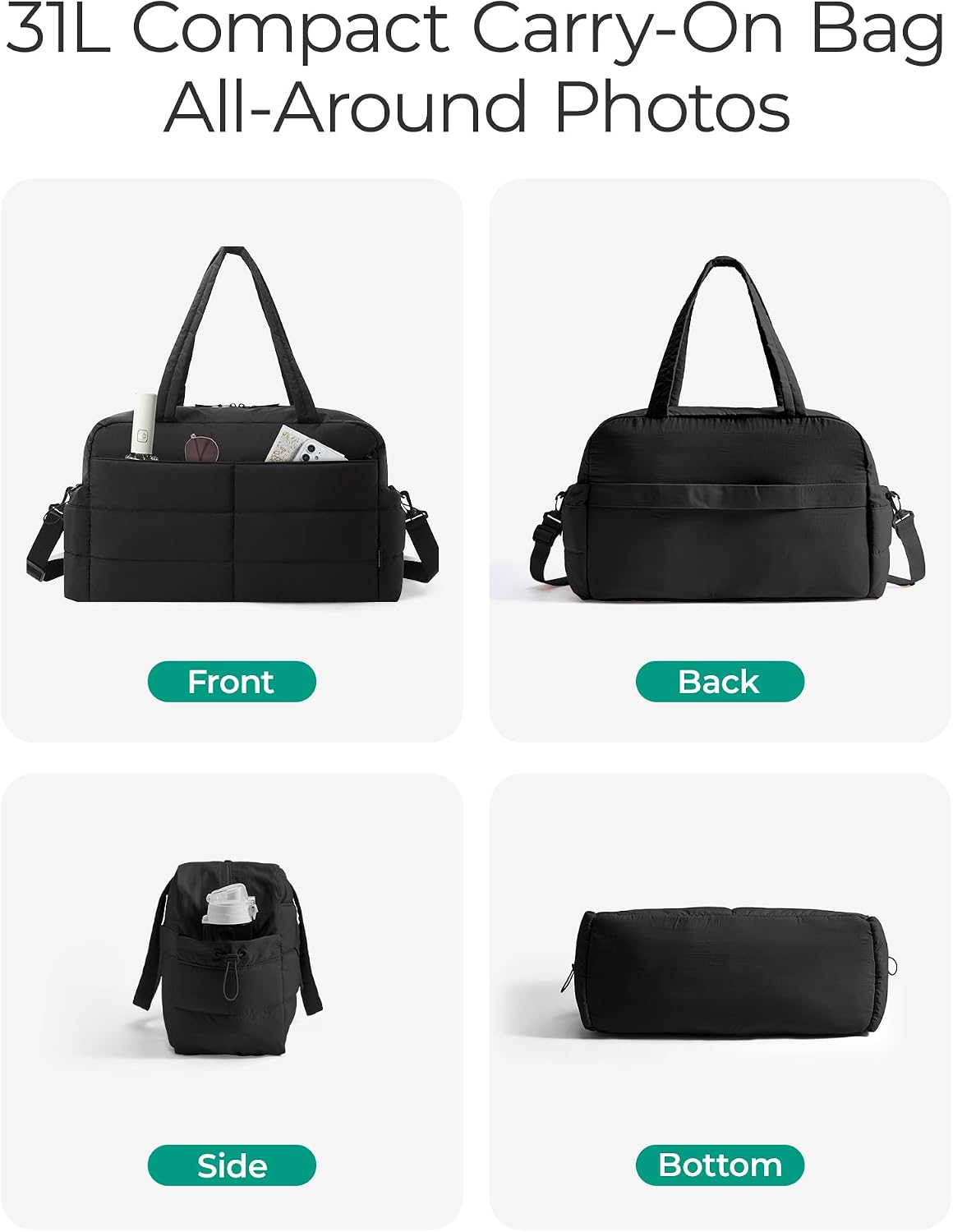 Gym Bag for Women, 2-PC Puffer Travel Duffle Bag Carry On Tote Bag