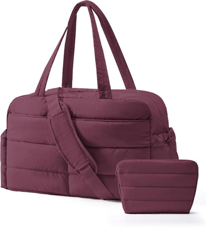 Gym Bag for Women, 2-PC Puffer Travel Duffle Bag Carry On Tote Bag
