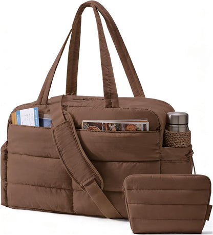 Gym Bag for Women, 2-PC Puffer Travel Duffle Bag Carry On Tote Bag