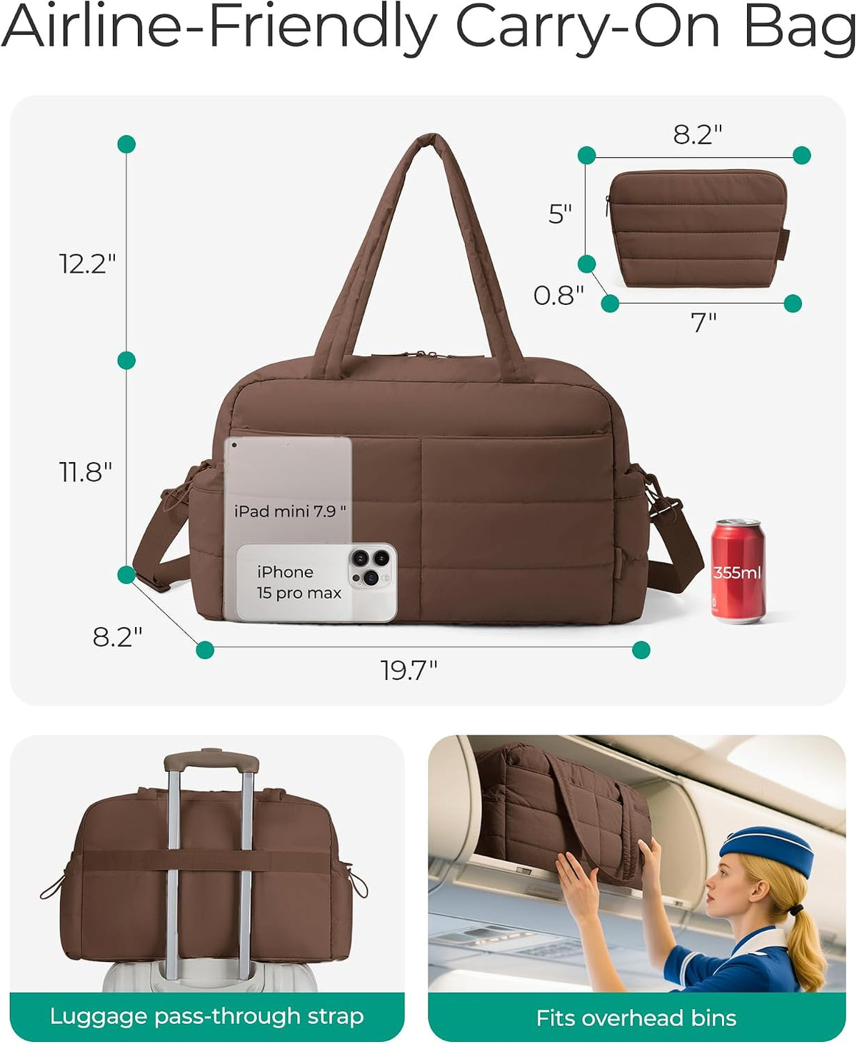 Gym Bag for Women, 2-PC Puffer Travel Duffle Bag Carry On Tote Bag