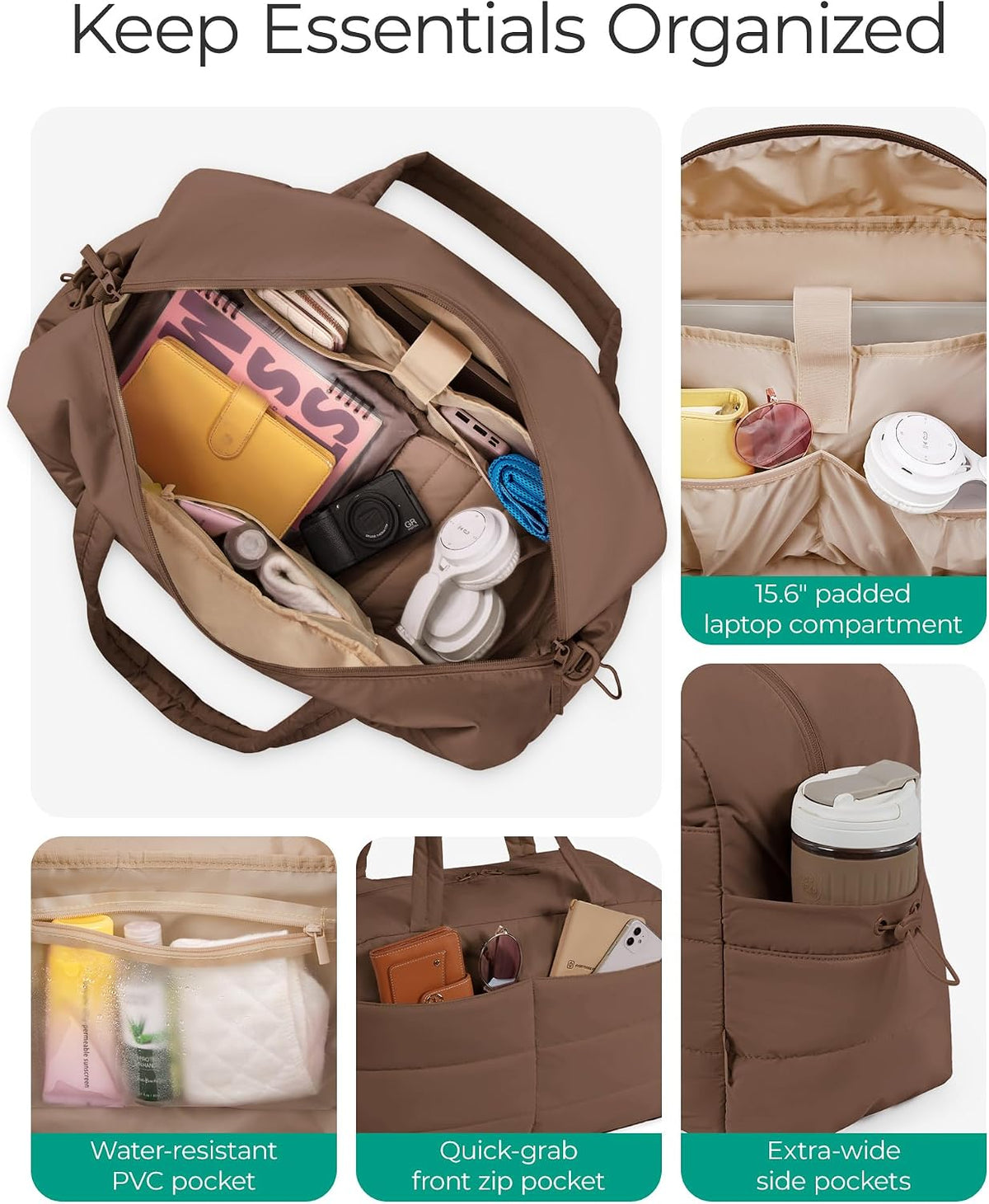Gym Bag for Women, 2-PC Puffer Travel Duffle Bag Carry On Tote Bag