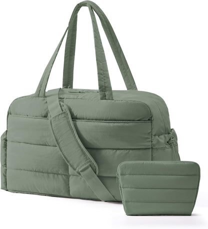 Gym Bag for Women, 2-PC Puffer Travel Duffle Bag Carry On Tote Bag