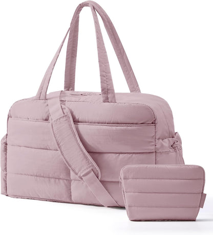 Gym Bag for Women, 2-PC Puffer Travel Duffle Bag Carry On Tote Bag
