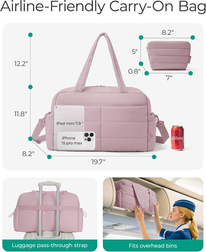 Gym Bag for Women, 2-PC Puffer Travel Duffle Bag Carry On Tote Bag