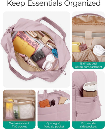 Gym Bag for Women, 2-PC Puffer Travel Duffle Bag Carry On Tote Bag