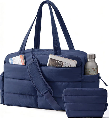 Gym Bag for Women, 2-PC Puffer Travel Duffle Bag Carry On Tote Bag