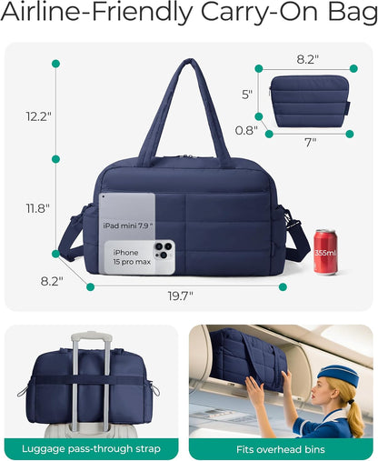 Gym Bag for Women, 2-PC Puffer Travel Duffle Bag Carry On Tote Bag