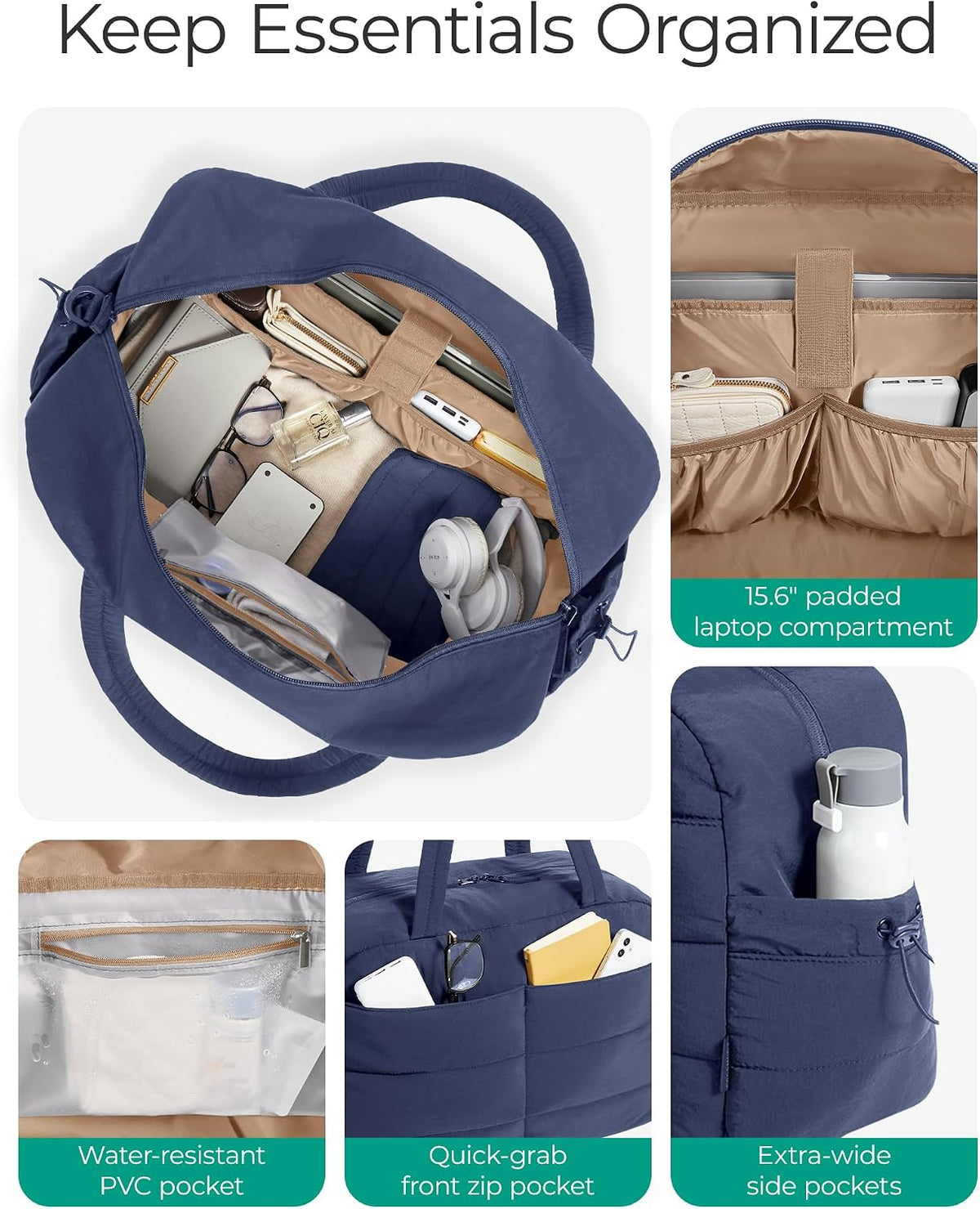 Gym Bag for Women, 2-PC Puffer Travel Duffle Bag Carry On Tote Bag