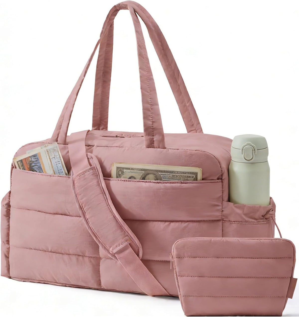 Gym Bag for Women, 2-PC Puffer Travel Duffle Bag Carry On Tote Bag