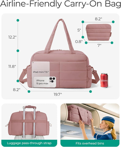 Gym Bag for Women, 2-PC Puffer Travel Duffle Bag Carry On Tote Bag