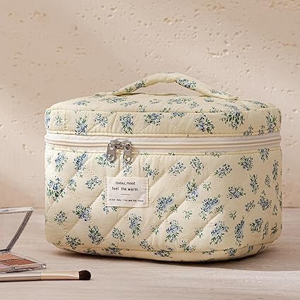 HBselect Quilted Makeup Bag, 3PCS Cotton Large Travel Makeup Bag, Cute Floral Coquette Make up Bag Cosmetic Bag Toiletry Bag for Women Girls - Colors B