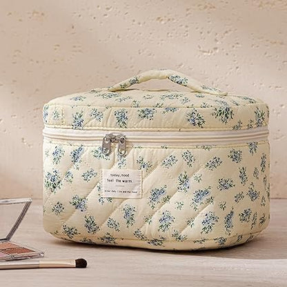 HBselect Quilted Makeup Bag, 3PCS Cotton Large Travel Makeup Bag, Cute Floral Coquette Make up Bag Cosmetic Bag Toiletry Bag for Women Girls - Colors B