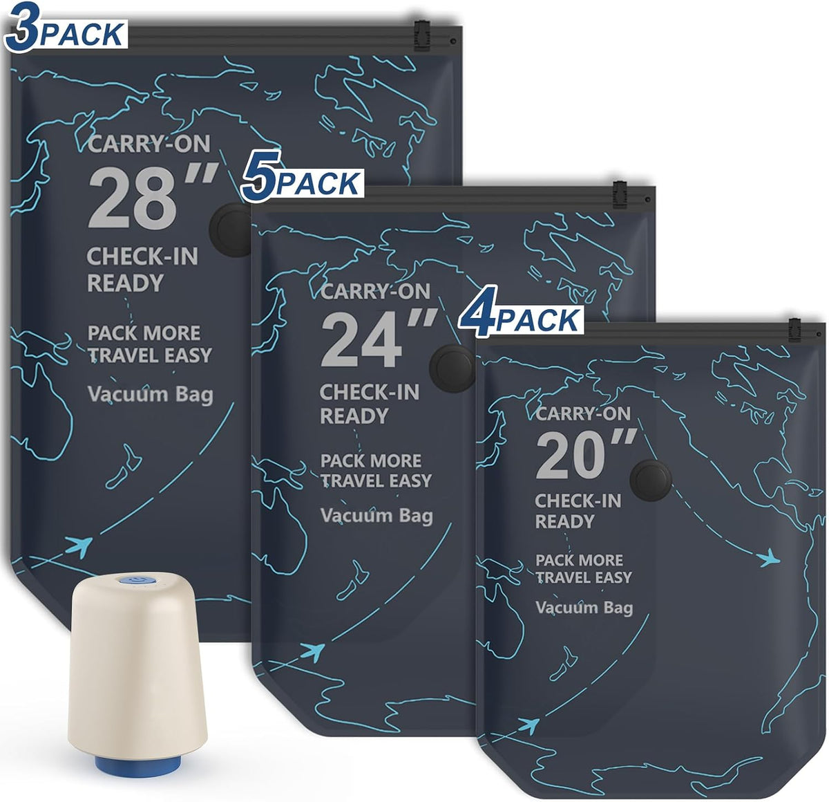 Vacuum Seal Bags for Clothing Travel with Electric Pump (3 Large 28", 5 Medium 24", 4 Small 20") Heavy Duty 0.08mm Travel Vacuum Bags for Luggage & Moving, Reclaim 80% Space