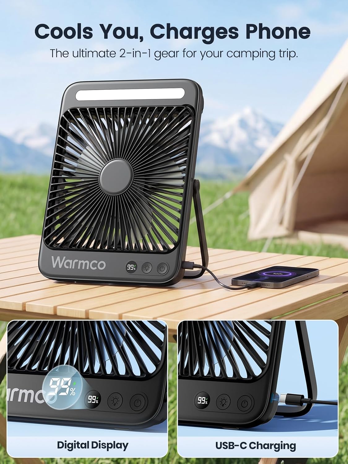 Warmco D4 Battery Powered Camping Fan 20000mAh, LED Lantern